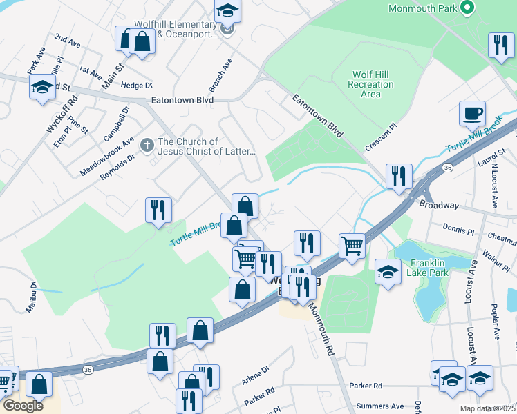 map of restaurants, bars, coffee shops, grocery stores, and more near 1 Churchill Downs in West Long Branch