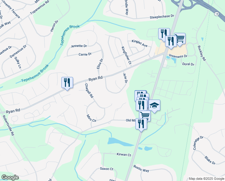 map of restaurants, bars, coffee shops, grocery stores, and more near 17 Arie Drive in Marlboro