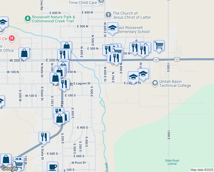 map of restaurants, bars, coffee shops, grocery stores, and more near 58 North 600 East Street in Roosevelt