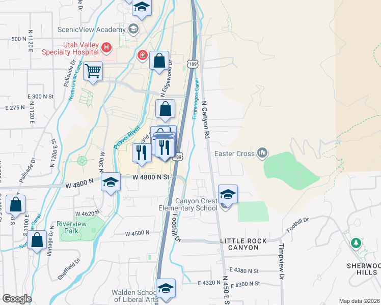 map of restaurants, bars, coffee shops, grocery stores, and more near 4920 North University Avenue in Provo
