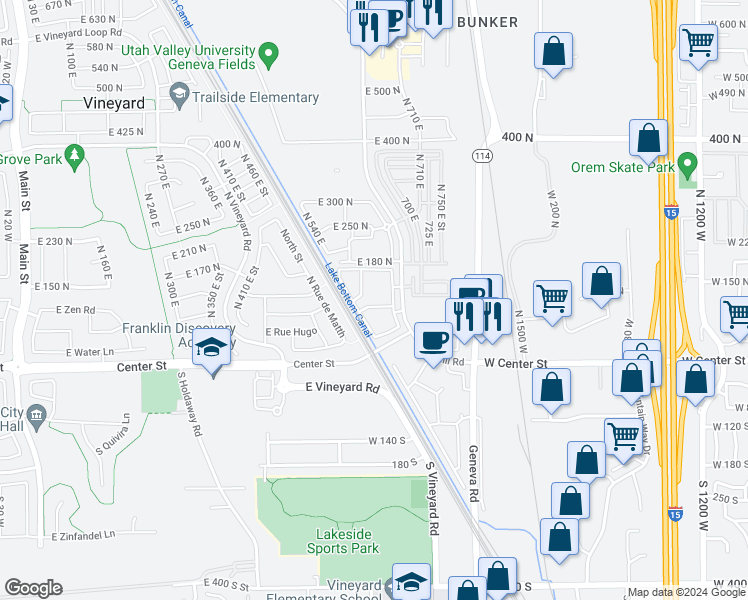 map of restaurants, bars, coffee shops, grocery stores, and more near 125 North Mill Road in Vineyard