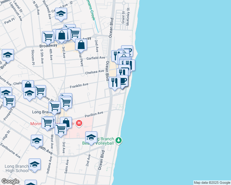 map of restaurants, bars, coffee shops, grocery stores, and more near 25 Morris Avenue in Long Branch