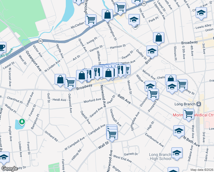 map of restaurants, bars, coffee shops, grocery stores, and more near 11 Norwood Avenue in Long Branch