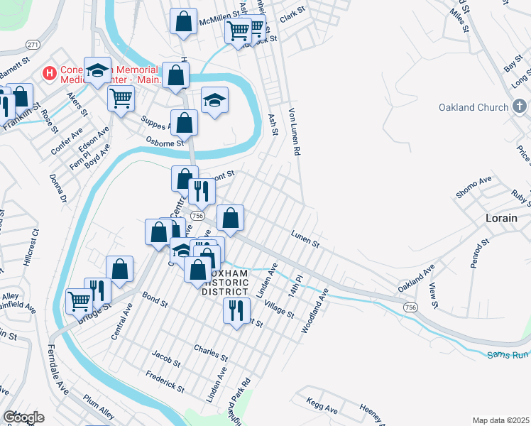 map of restaurants, bars, coffee shops, grocery stores, and more near 347 Highland Avenue in Johnstown