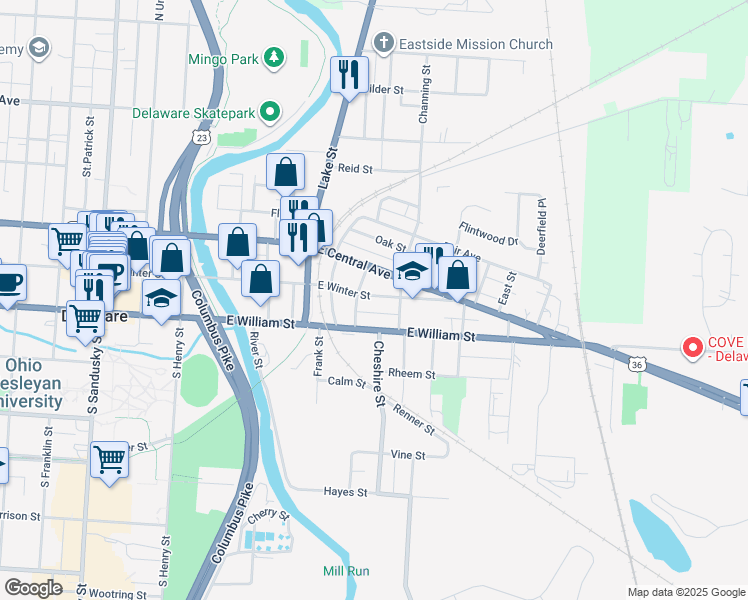 map of restaurants, bars, coffee shops, grocery stores, and more near 222 East Winter Street in Delaware