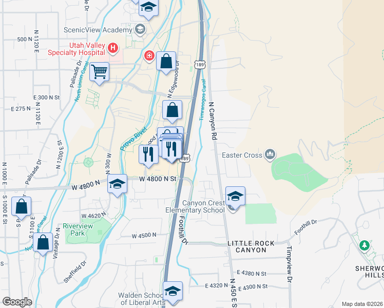map of restaurants, bars, coffee shops, grocery stores, and more near 4920 North University Avenue in Provo