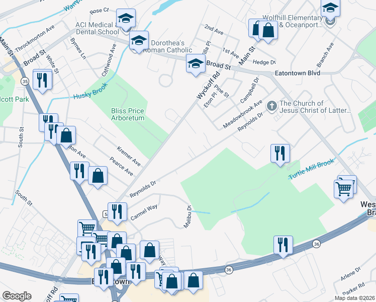 map of restaurants, bars, coffee shops, grocery stores, and more near 77 Reynolds Drive in Eatontown