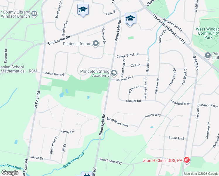 map of restaurants, bars, coffee shops, grocery stores, and more near 7 Quaker Road in West Windsor Township
