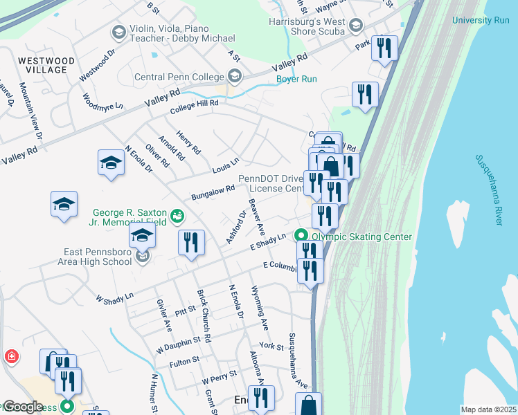 map of restaurants, bars, coffee shops, grocery stores, and more near 98 Ashford Drive in Enola