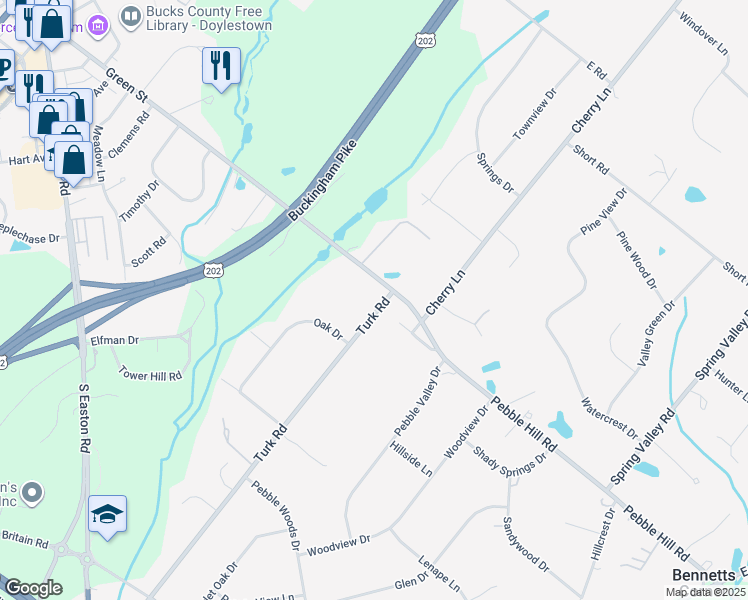 map of restaurants, bars, coffee shops, grocery stores, and more near 2394 Turk Road in Doylestown