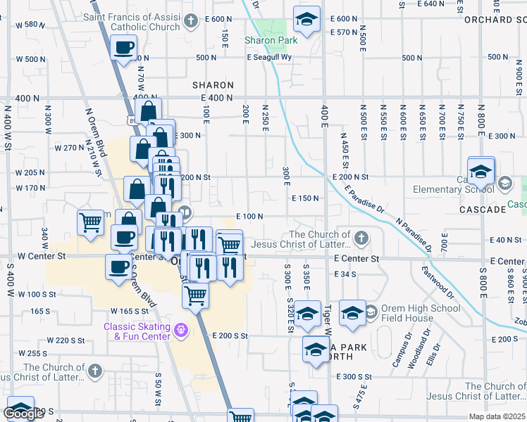 map of restaurants, bars, coffee shops, grocery stores, and more near 245 100 North in Orem