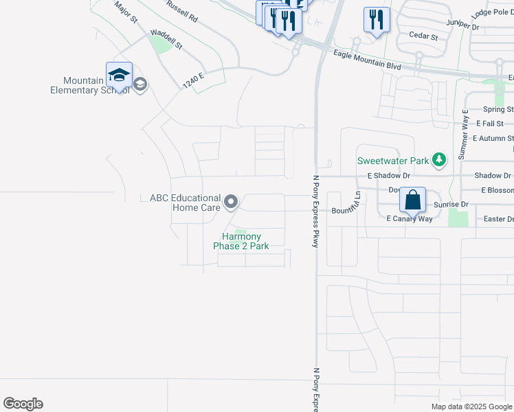 map of restaurants, bars, coffee shops, grocery stores, and more near 1295 East Rachel Way in Eagle Mountain