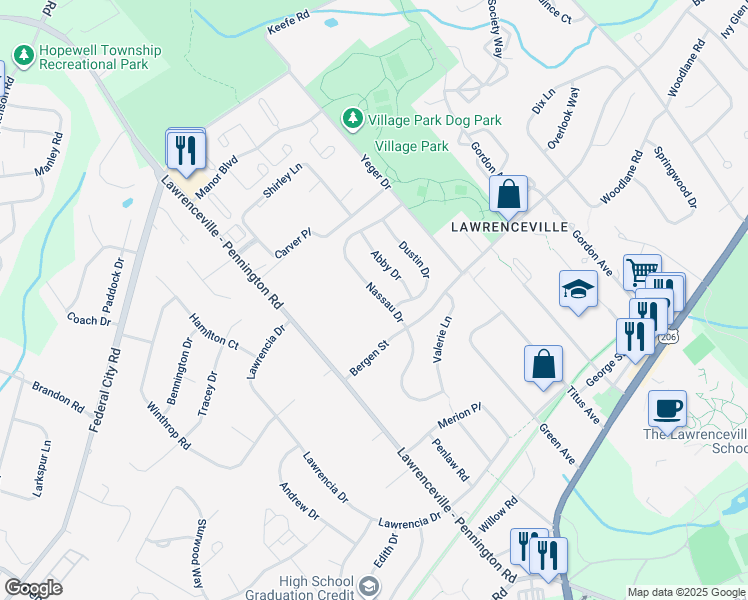 map of restaurants, bars, coffee shops, grocery stores, and more near 31 Nassau Drive in Lawrence Township