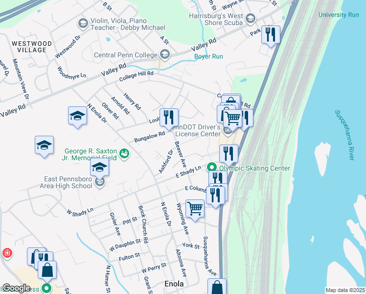map of restaurants, bars, coffee shops, grocery stores, and more near 98 Ashford Drive in Enola