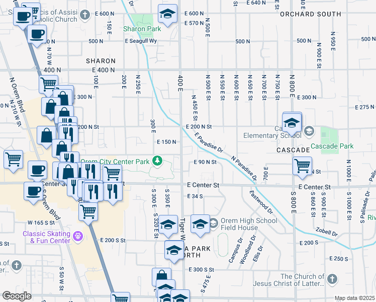 map of restaurants, bars, coffee shops, grocery stores, and more near 130 400 East in Orem