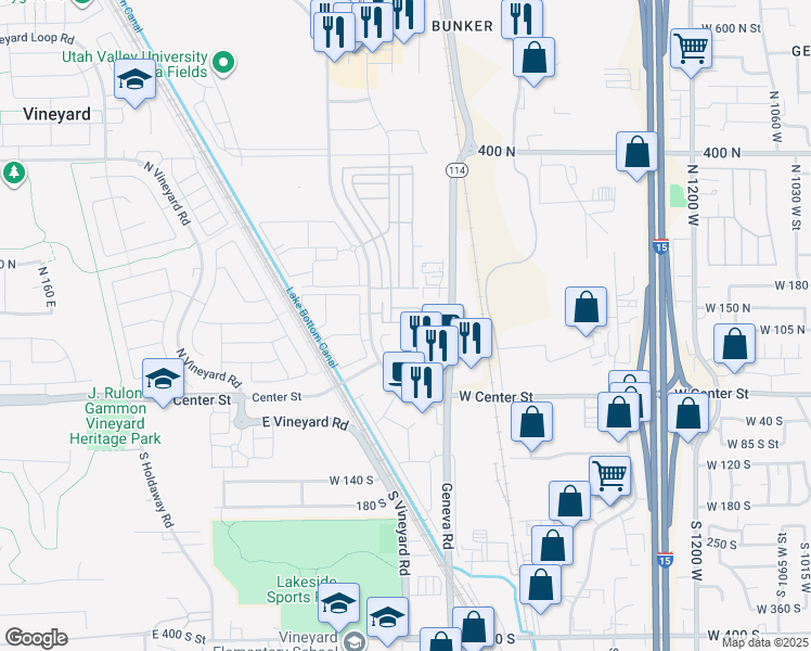 map of restaurants, bars, coffee shops, grocery stores, and more near 708 East 125 North in Vineyard