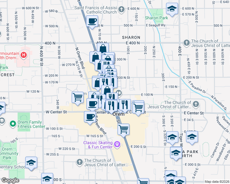 map of restaurants, bars, coffee shops, grocery stores, and more near 47 100 North in Orem