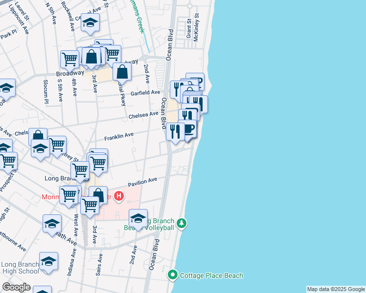 map of restaurants, bars, coffee shops, grocery stores, and more near 25 Morris Avenue in Long Branch