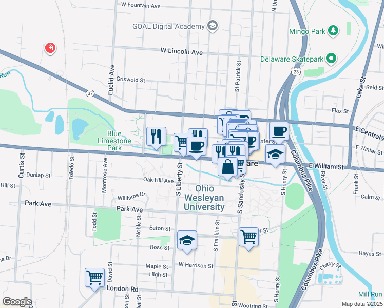 map of restaurants, bars, coffee shops, grocery stores, and more near 93 West William Street in Delaware