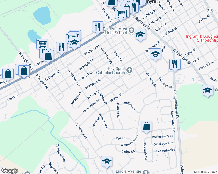map of restaurants, bars, coffee shops, grocery stores, and more near 617 West Pajabon Drive in Palmyra