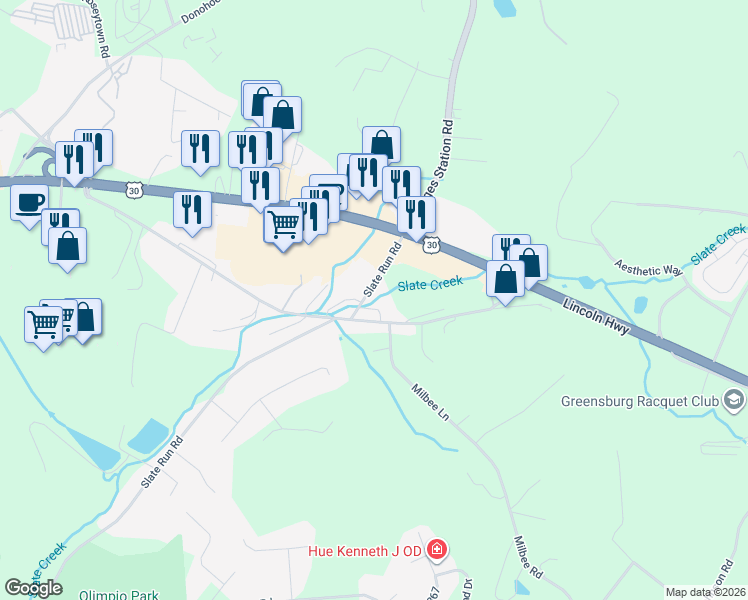 map of restaurants, bars, coffee shops, grocery stores, and more near 1011 Willowbrook Drive in Greensburg