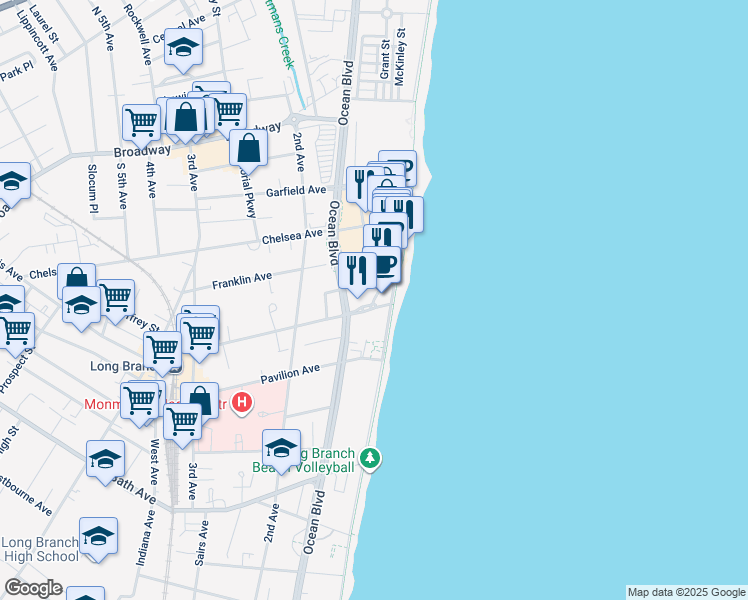 map of restaurants, bars, coffee shops, grocery stores, and more near 25 Morris Avenue in Long Branch