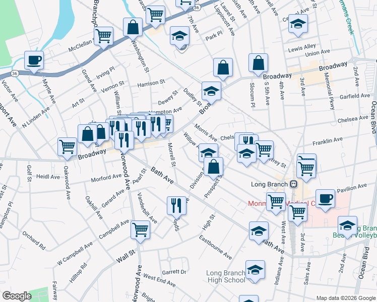 map of restaurants, bars, coffee shops, grocery stores, and more near 422 Exchange Place in Long Branch