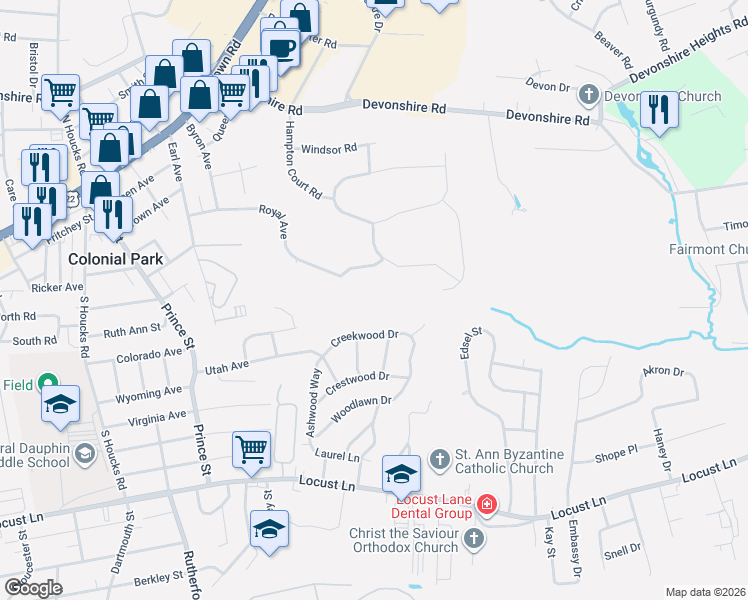map of restaurants, bars, coffee shops, grocery stores, and more near 5226 Creekwood Drive in Harrisburg