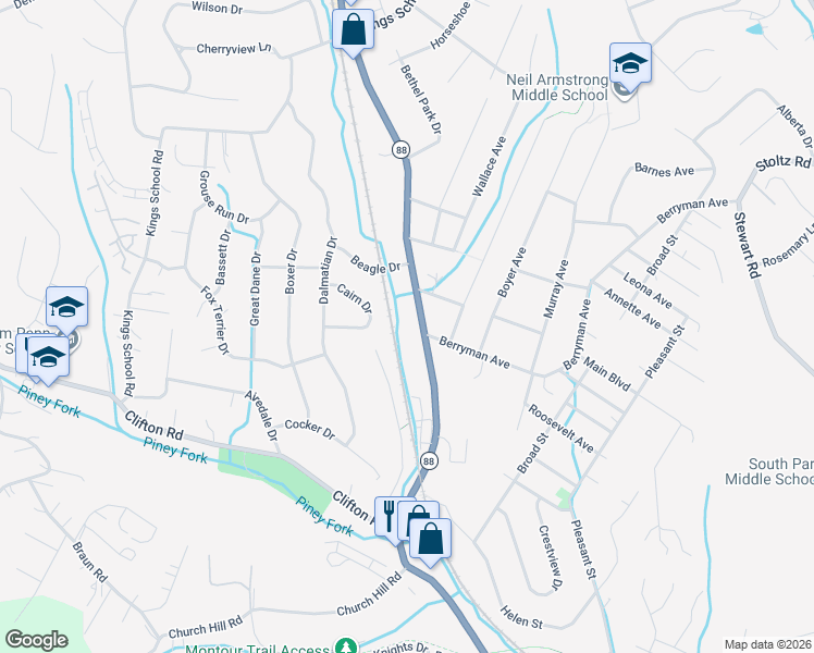 map of restaurants, bars, coffee shops, grocery stores, and more near 6104 Library Road in Bethel Park