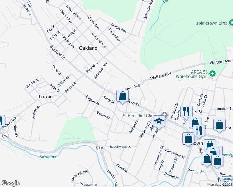 map of restaurants, bars, coffee shops, grocery stores, and more near 2163 Bedford St in Johnstown