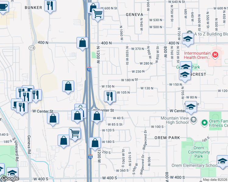 map of restaurants, bars, coffee shops, grocery stores, and more near 1110 West 105 North in Orem