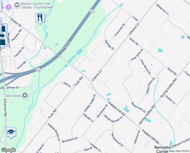 map of restaurants, bars, coffee shops, grocery stores, and more near 1 Mercer Gate Drive in Doylestown