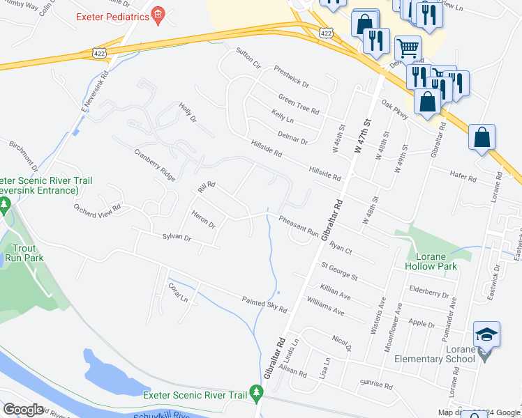 map of restaurants, bars, coffee shops, grocery stores, and more near 4504 Pheasant Run North in Reading