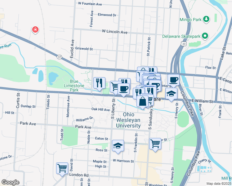 map of restaurants, bars, coffee shops, grocery stores, and more near 123 Marysville Road in Delaware