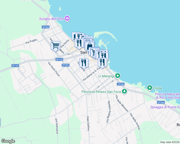 map of restaurants, bars, coffee shops, grocery stores, and more near 64 Via Malta in San Foca