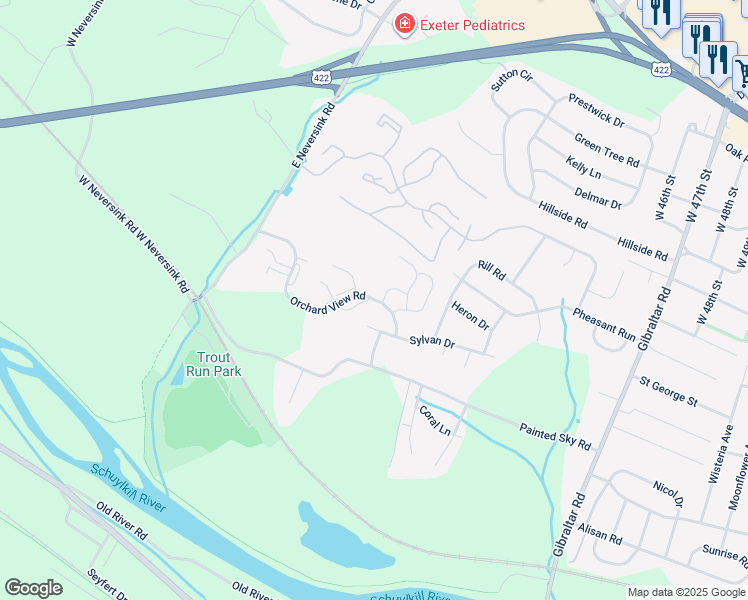 map of restaurants, bars, coffee shops, grocery stores, and more near 3105 Orchard View Road in Reading