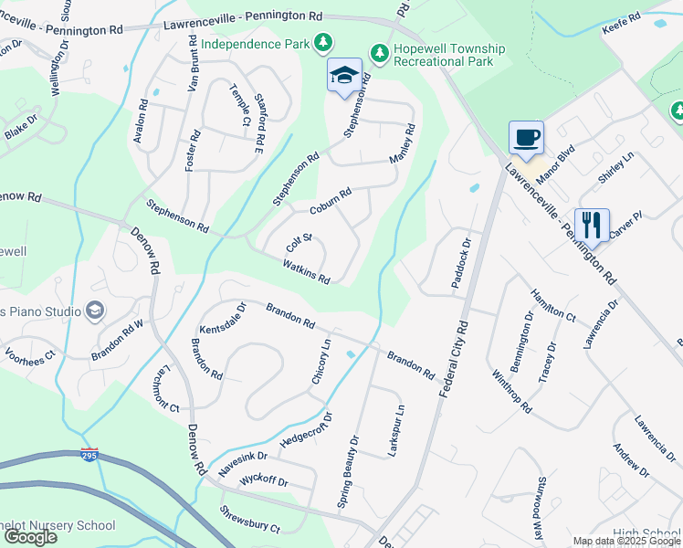 map of restaurants, bars, coffee shops, grocery stores, and more near 319 Watkins Road in Pennington