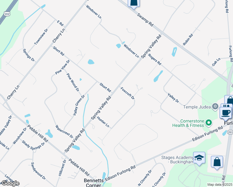 map of restaurants, bars, coffee shops, grocery stores, and more near 741 Spring Valley Road in Doylestown
