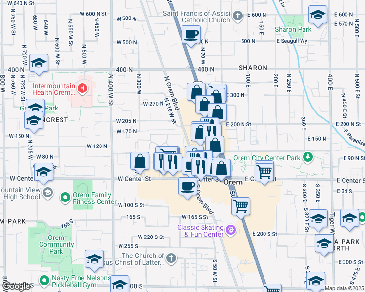 map of restaurants, bars, coffee shops, grocery stores, and more near 125 Sun Village Drive in Orem