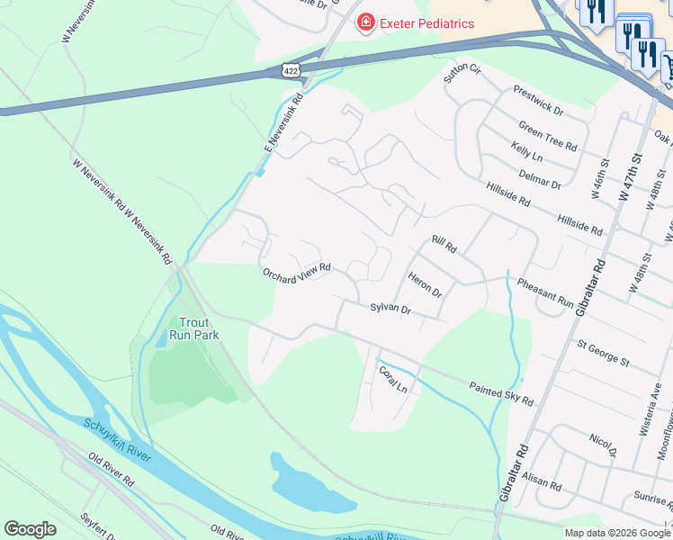 map of restaurants, bars, coffee shops, grocery stores, and more near 2301 Orchard View Road in Reading