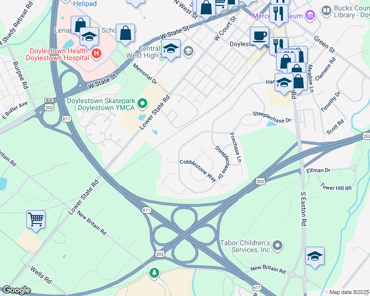 map of restaurants, bars, coffee shops, grocery stores, and more near 59 Steeplechase Drive in Doylestown