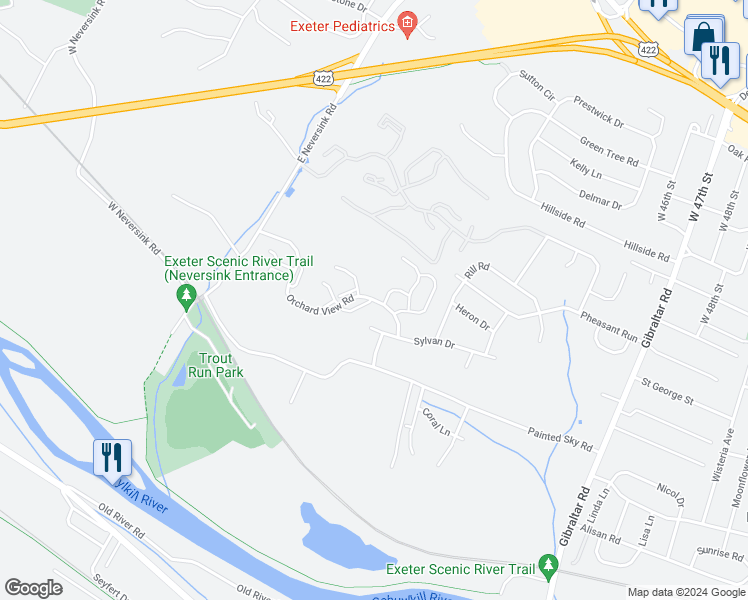 map of restaurants, bars, coffee shops, grocery stores, and more near 2202 Orchard View Road in Reading