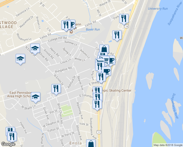 map of restaurants, bars, coffee shops, grocery stores, and more near 55 Queen Avenue in Enola