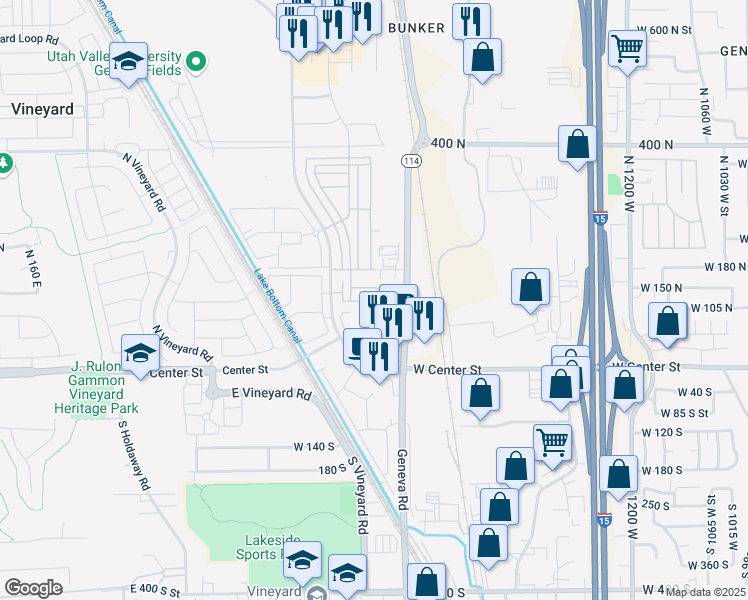 map of restaurants, bars, coffee shops, grocery stores, and more near 755 East 125 North Street in Vineyard