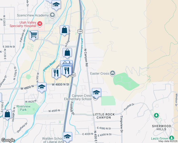 map of restaurants, bars, coffee shops, grocery stores, and more near 4925 North Canyon Road in Provo
