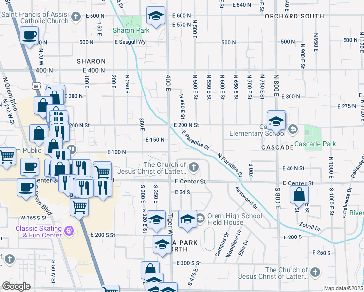 map of restaurants, bars, coffee shops, grocery stores, and more near 130 400 East in Orem