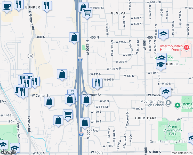 map of restaurants, bars, coffee shops, grocery stores, and more near 95 North 1140 West in Orem