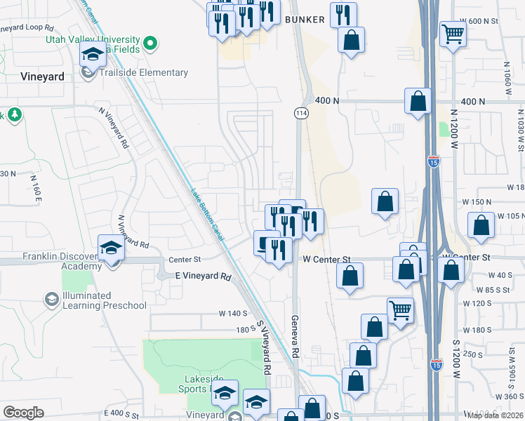 map of restaurants, bars, coffee shops, grocery stores, and more near 708 East 125 North in Vineyard