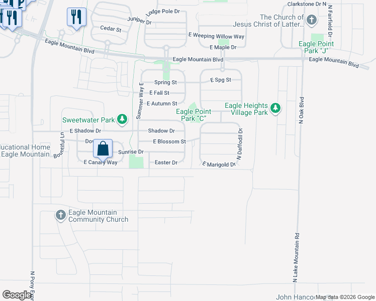 map of restaurants, bars, coffee shops, grocery stores, and more near 3566 Easter Drive in Eagle Mountain