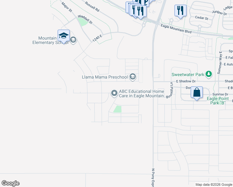 map of restaurants, bars, coffee shops, grocery stores, and more near 1253 East Rachel Way in Eagle Mountain